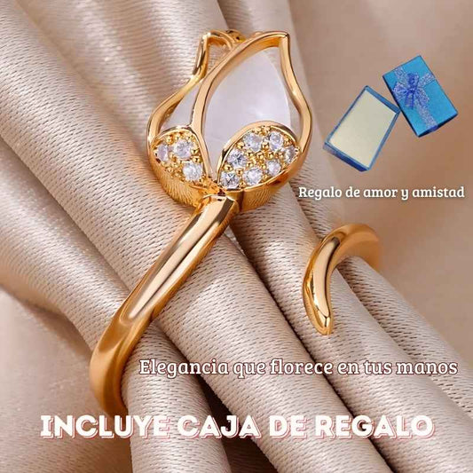 💍 Anillo Ajustable Tulipán Dorado + Caja de Regalo 🎁
